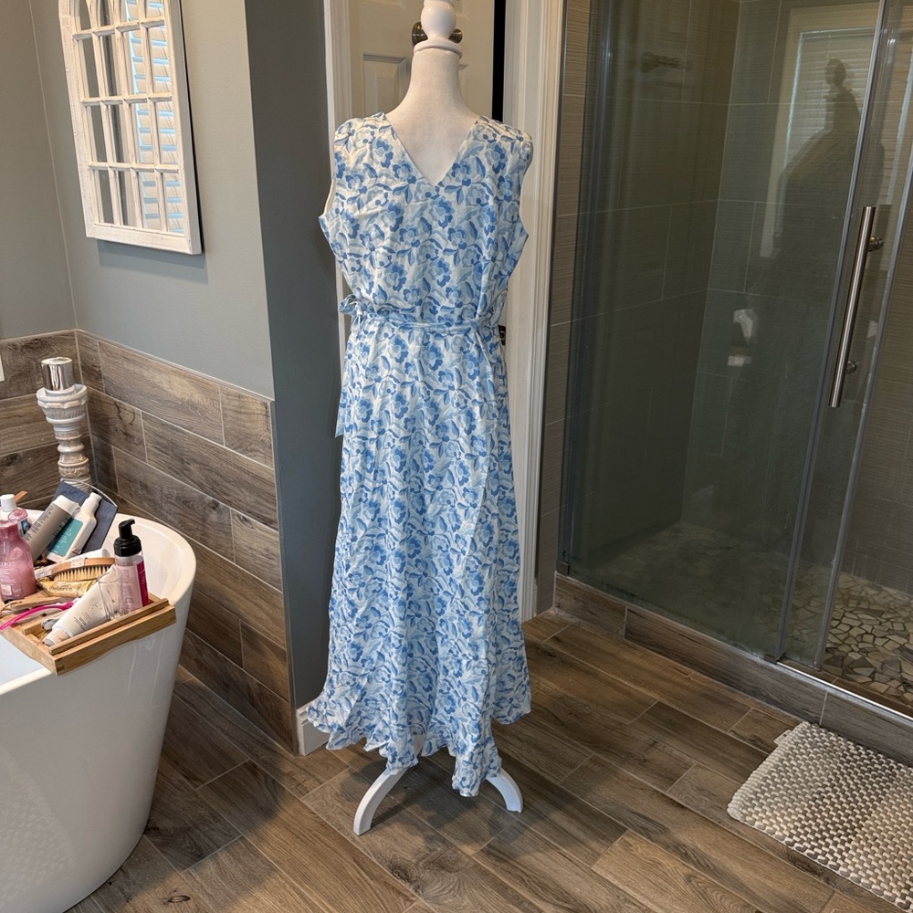 J McLaughlin Cerise Linen Blend Blue and White Floral Maxi Dress Medium - Picture 3 of 11